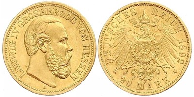Hessen, Ludwig IV. 20 Mark 1892 A. Jaeger 221. GOLD. Vorzüglich