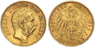 Sachsen. Albert 1873-1902. 20 Mark 1894 E. Jaeger 264.GOLD. Kleine Randfehler, kleine Kratzer,  ...