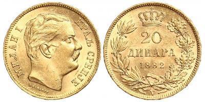 Jugoslawien-Serbien 20 Dinara 1882 V, Wien. Friedberg 4. GOLD. Vorzüglich +