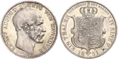 Braunschweig-Calenberg-Hannover. Ernst August 1837-1851. Ausbeutetaler 1851 B. Jaeger 81, Thun  ...
