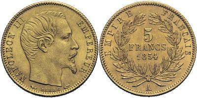 5 francs or, Paris 1854. Autre exemplaire varié. Tranche cannelée. - Or. 1,62g. Superbe exemplaire.
