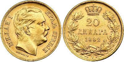 20 Dinar 塞尔维亚 金 Milan I of Serbia
