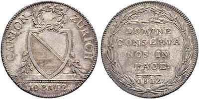1812,SCHWEIZ. Zürich. Stadt und Kanton Zürich. 10 Batzen 1812, Zürich. Mzz. B im Kranzbändel de ...