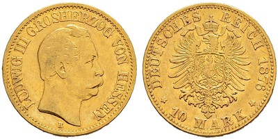 DEUTSCHLAND Kaiserreich Hessen, Grossherzogtum Ludwig III. 1848-1877. 10 Mark 1876, H-Darmstadt ...