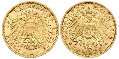 Lübeck 10 Mark 1905. Jaeger 228. GOLD. Vorzüglich - Stempelglanz