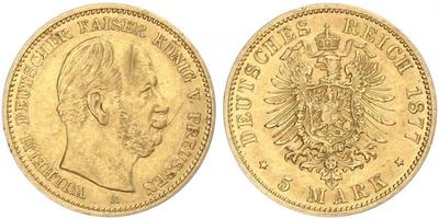 Preußen. Wilhelm I. 1861-1888. 5 Mark 1877 A. Jaeger 244. GOLD. Kratzer, sehr schön +